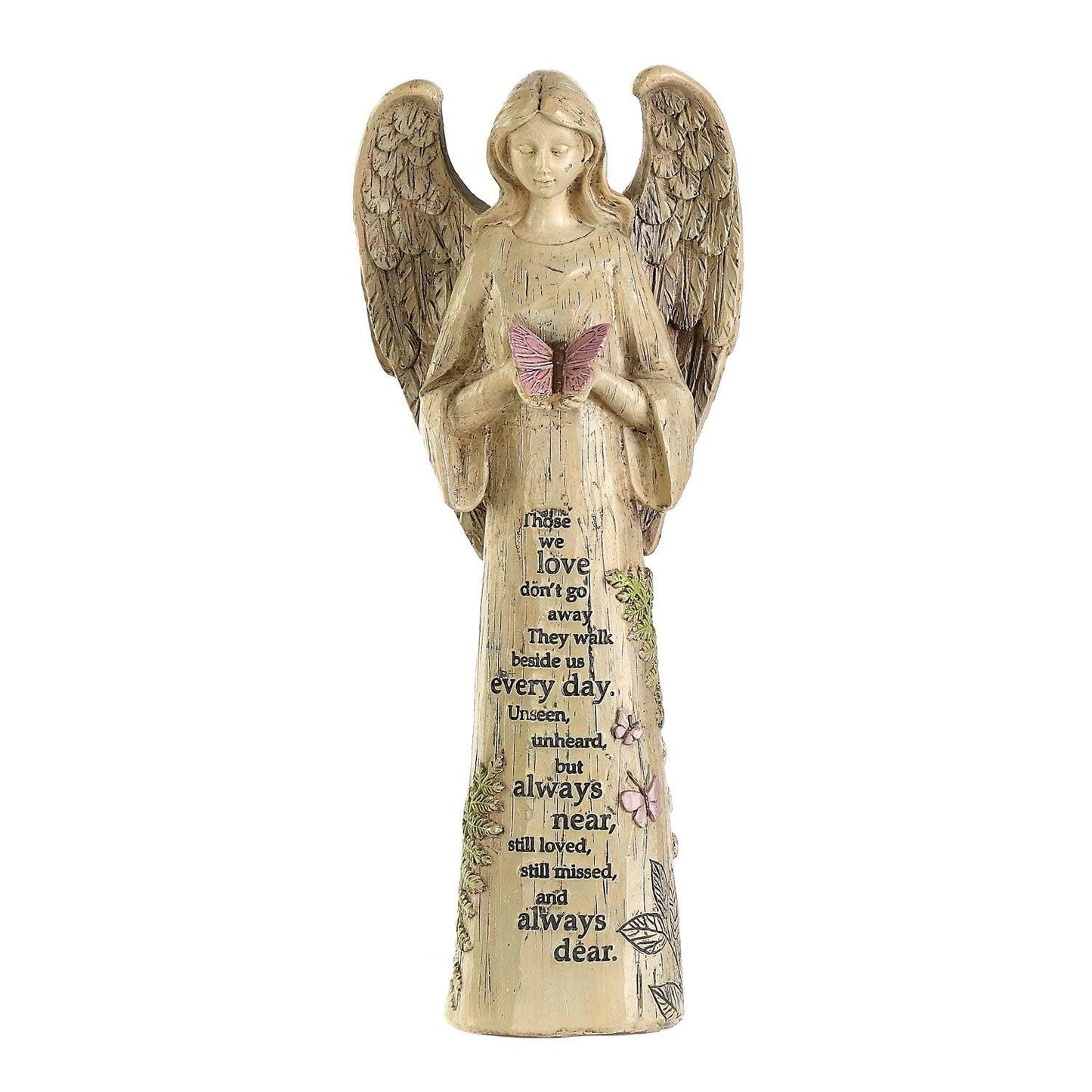 Resin Religious Garden Statue Standing Angel with Butterfly Statuary for Outdoor Decor, Polyresin, Antique Stone,10in