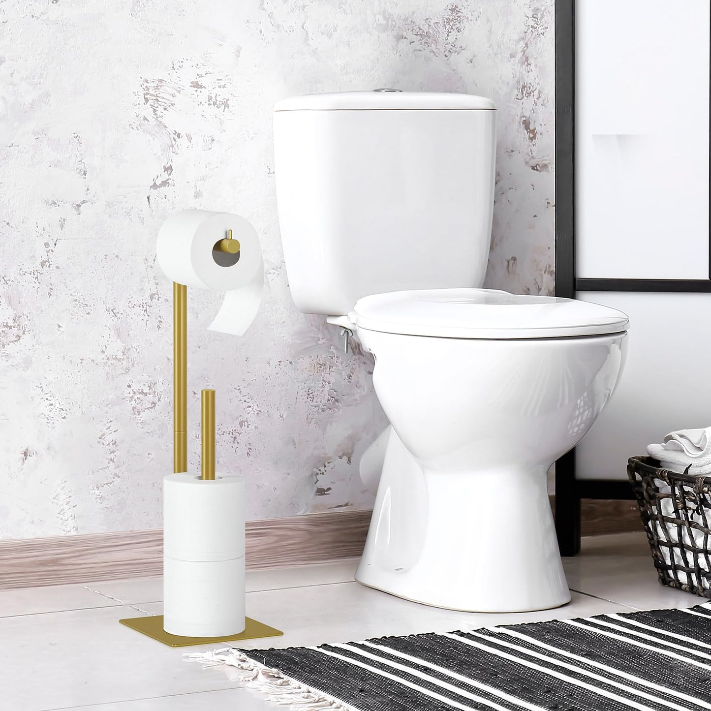 Toilet Paper Holder Stand Flash Gold Free Standing TP Holder, Metal Toilet Paper Roll Holder with Reserve Bathroom Tissue Storage Holder, Beige Gold