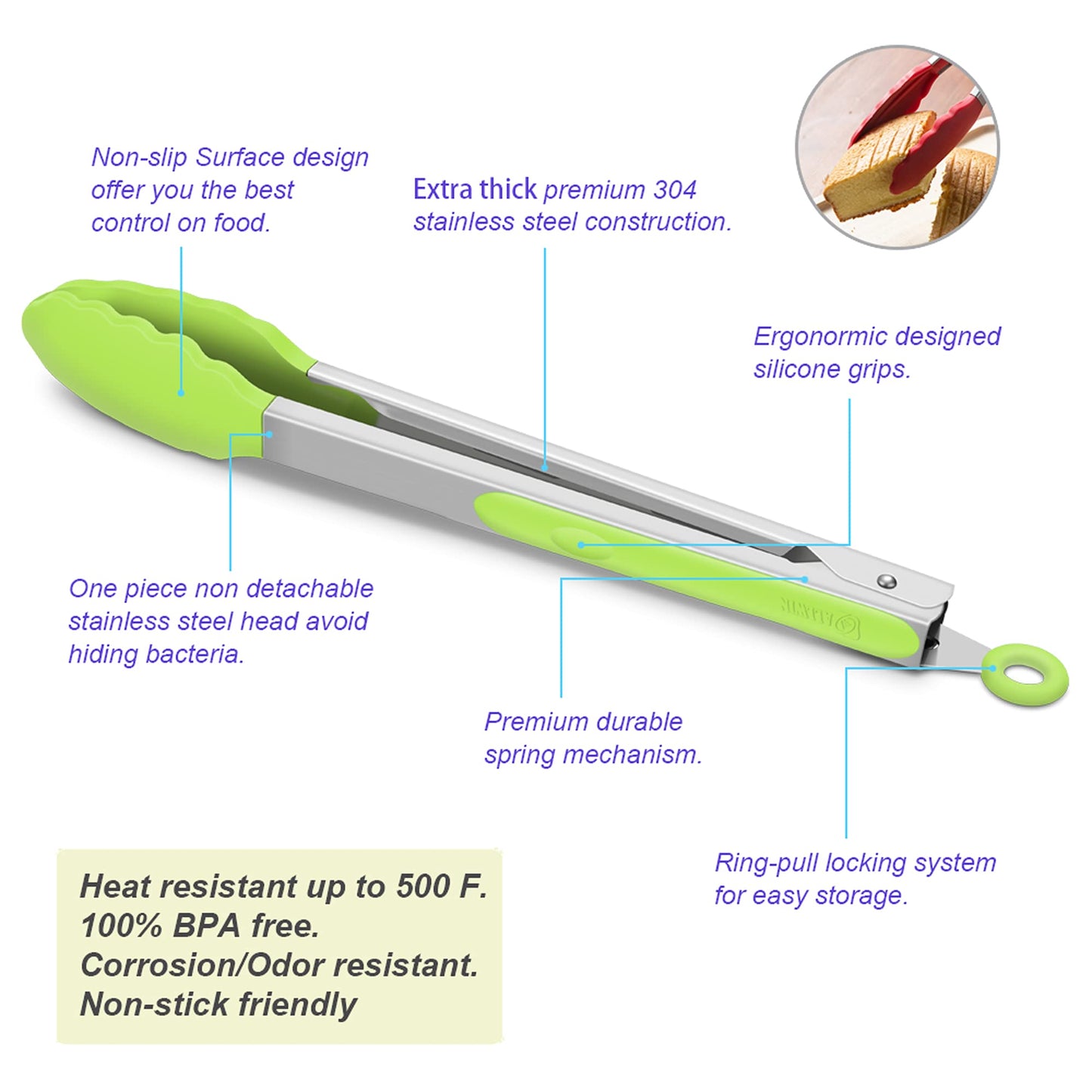 3 Pack Green Kitchen Tongs, Premium Silicone BPA Free Non-Stick Stainless Steel BBQ Cooking Grilling Locking Food Tongs, 9-Inch 10-Inch & 12-Inch