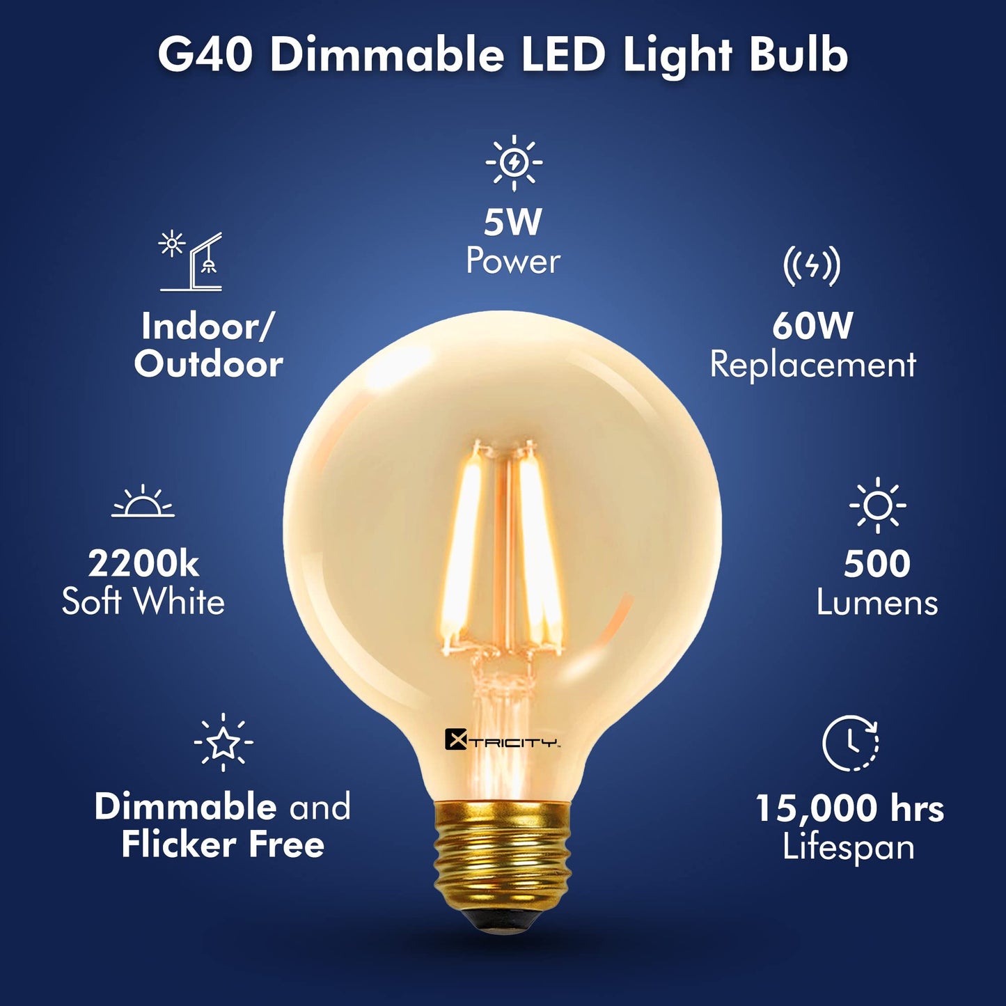 Xtricity Dimmable LED Filament G40 Vintage LED light bulb, Edison Style,5W (60 Watt Equivalent), E26 Medium Base, 2200k round led light bulbs, 500 Lumens, Ideal for String Lights and Vintage Lighting