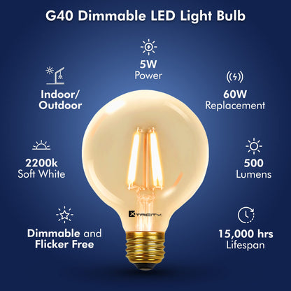 Xtricity Dimmable LED Filament G40 Vintage LED light bulb, Edison Style,5W (60 Watt Equivalent), E26 Medium Base, 2200k round led light bulbs, 500 Lumens, Ideal for String Lights and Vintage Lighting