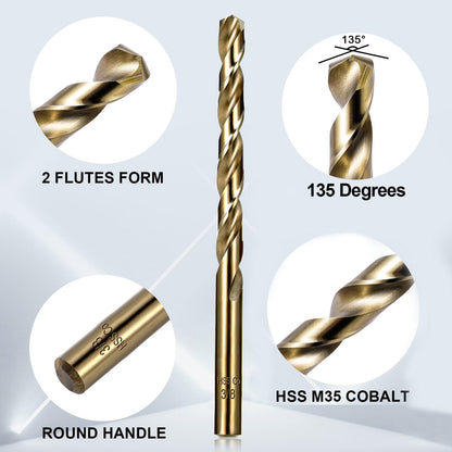 Sinyeenglon Cobalt Drill Bit Set for Hardened Metal and Stainless Steel, 21Pcs M35 High Speed Steel Twist Jobber Drill Bits 1/16"-3/8", with Metal Index Storage Box