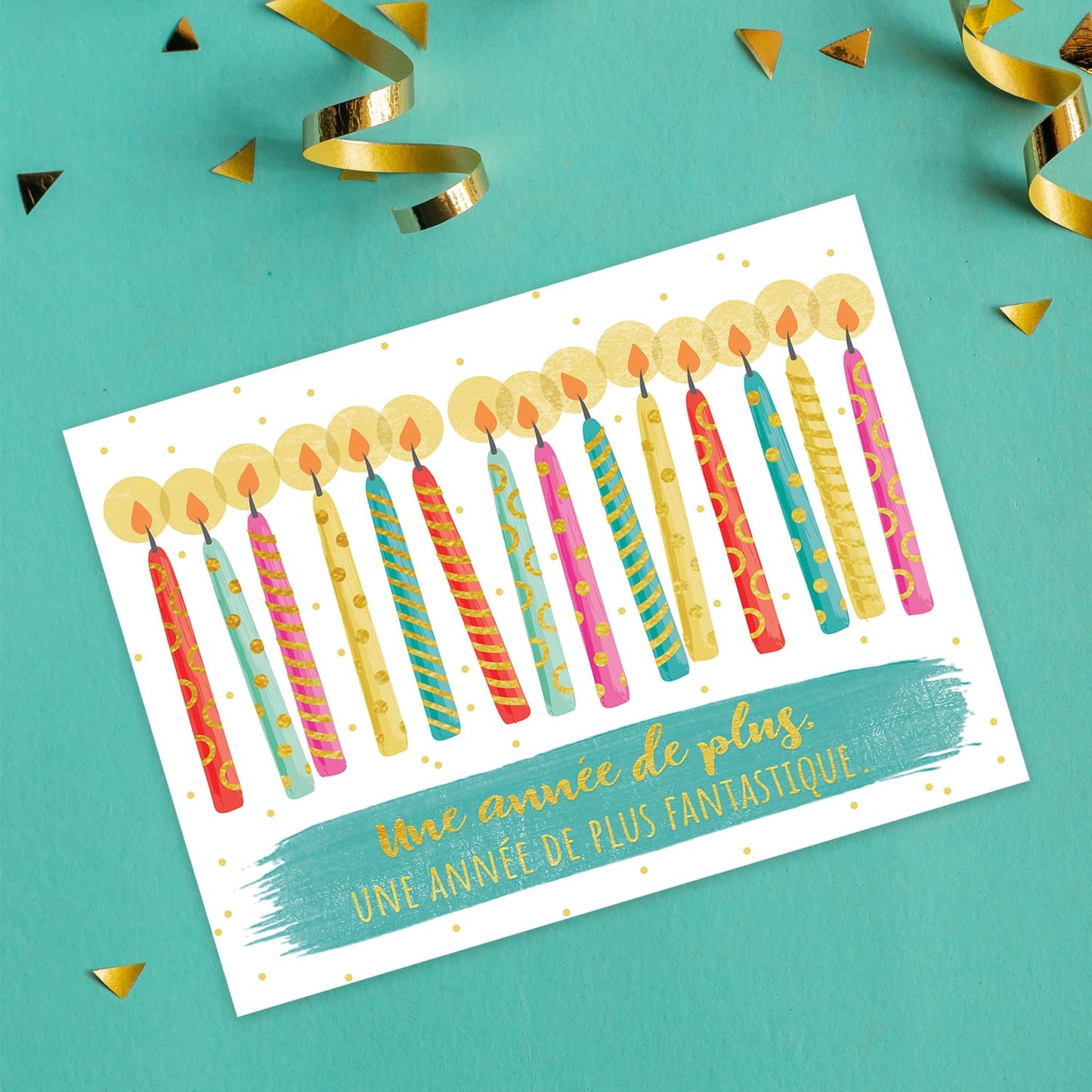Colorful Happy Birthday Card Assortment / 24 Folded Anniversaire Greeting Cards With White Envelopes / 4 5/8" x 6 1/4" French Canadian Notecards / 4 Unique Designs/Made In Canada