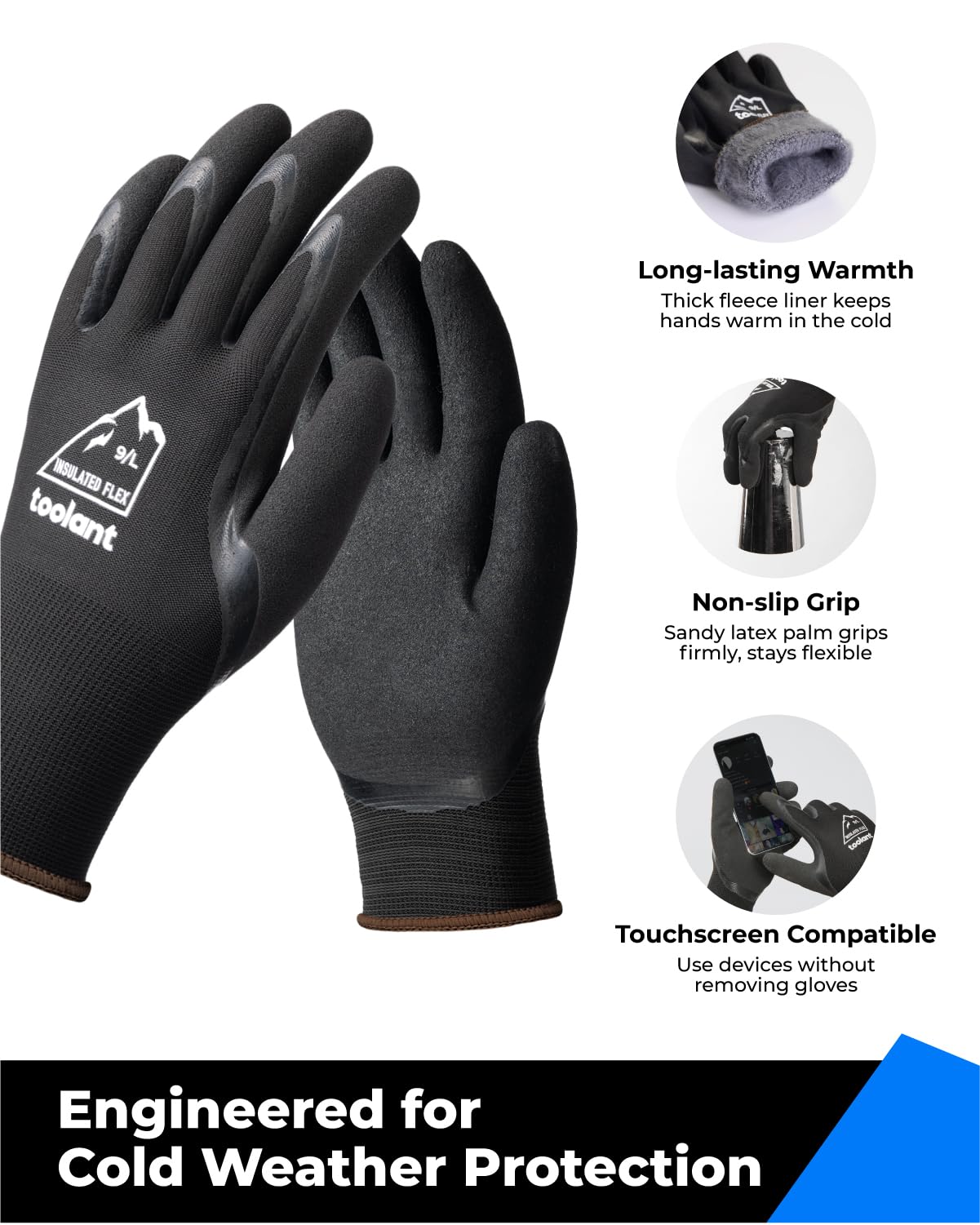 toolant 2 Pairs Winter Work Gloves for Men & Women, Freezer Gloves with Dual-Layer Sandy Latex, Super Durable & Grip, Insulated Liner for Cold Weather, Touchscreen, L, Black