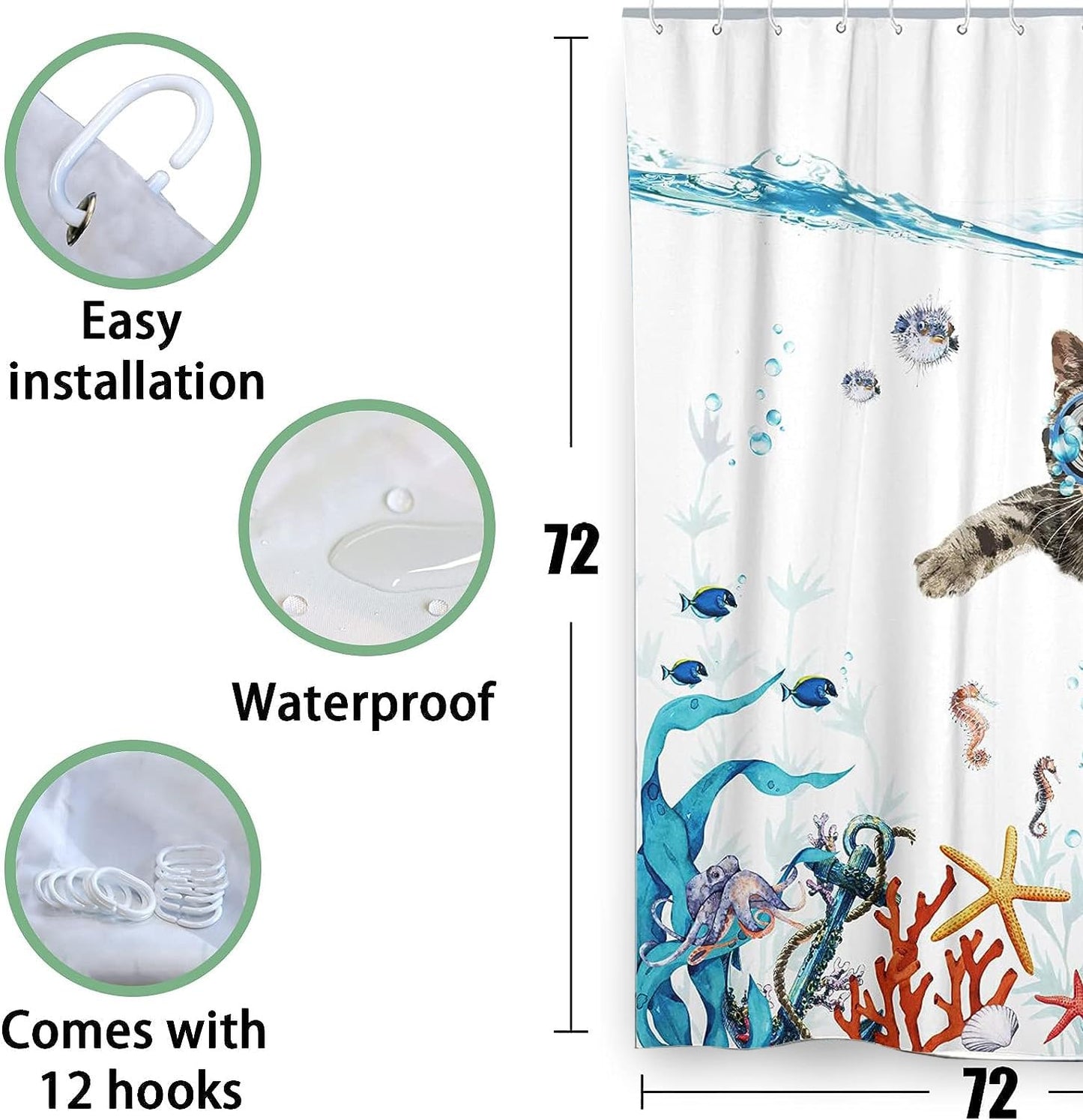 SparkLia Funny Cat Shower Curtain, Diving Underwater World Shower Curtain Sets with Animal Turtle Octopus Starfish, Waterproof Fabric Nautical Kids Curtain with Hooks for Bathroom Décor - 72" x 72"