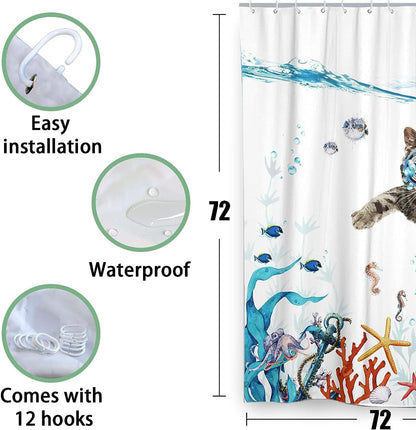 SparkLia Funny Cat Shower Curtain, Diving Underwater World Shower Curtain Sets with Animal Turtle Octopus Starfish, Waterproof Fabric Nautical Kids Curtain with Hooks for Bathroom Décor - 72" x 72"