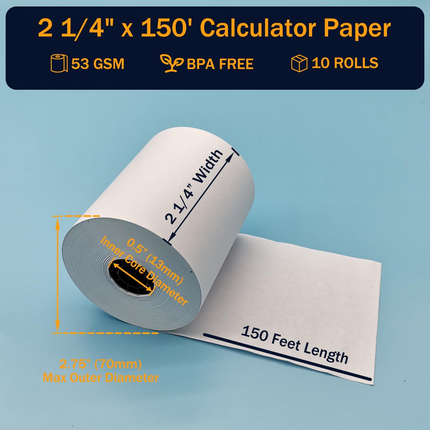 2 1/4 in x 150 ft Calculator Paper Rolls 2 1/4 Adding Machine Tape Paper Rolls, for HR-10RC, HR-170RC, HR-200RC, EL-1197PIII, EL-1801V, P23-DHV-3, CP-90A, MP11DX-2, 1280-2, 53 GSM, 10 Rolls