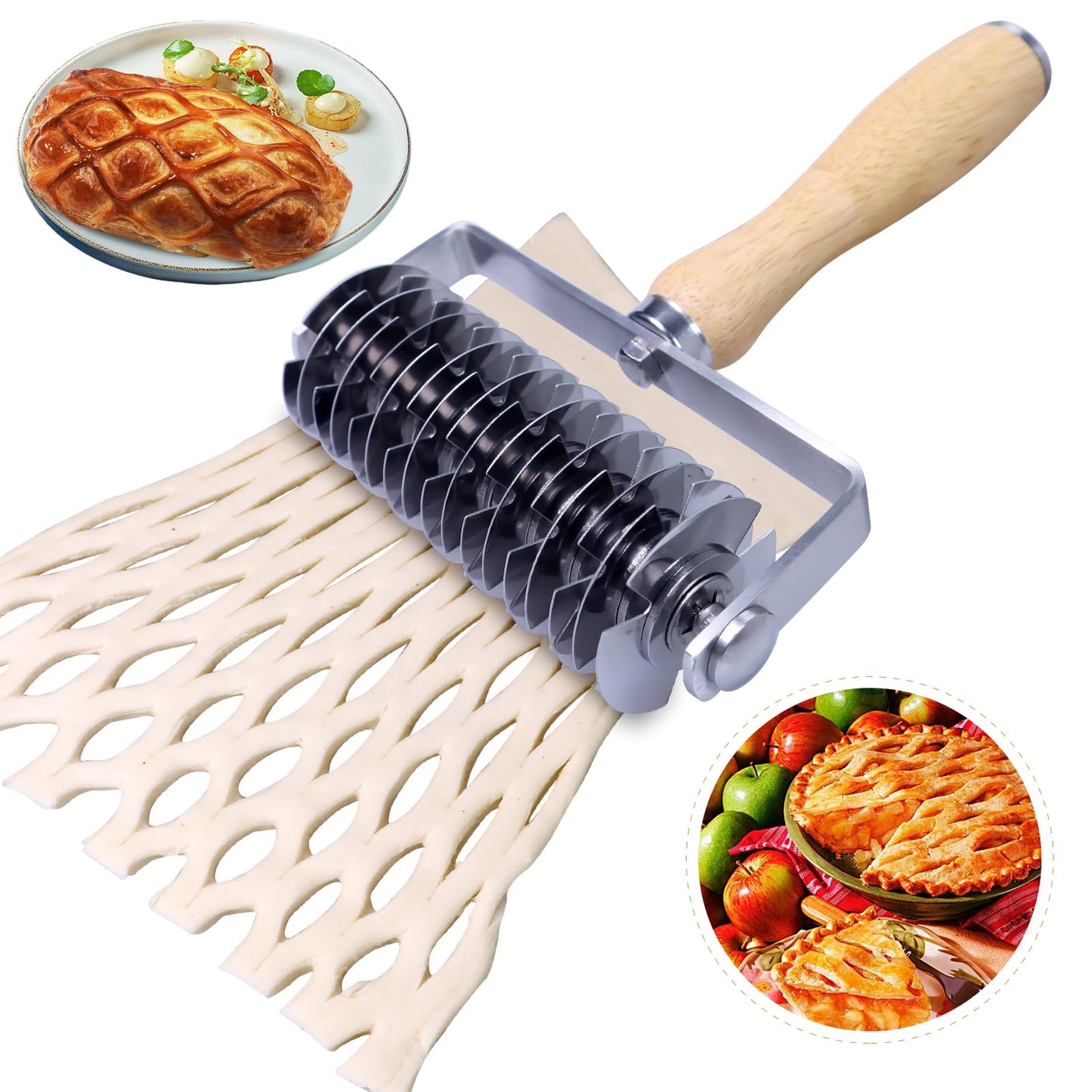 Stainless Steel Lattice Cutter With Wooden Handle - Dough Wheel Roller for Pie Crust, Beef Wellington, Bread, Pizza, and Puff Pastry
