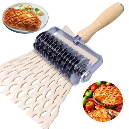 Stainless Steel Lattice Cutter With Wooden Handle - Dough Wheel Roller for Pie Crust, Beef Wellington, Bread, Pizza, and Puff Pastry