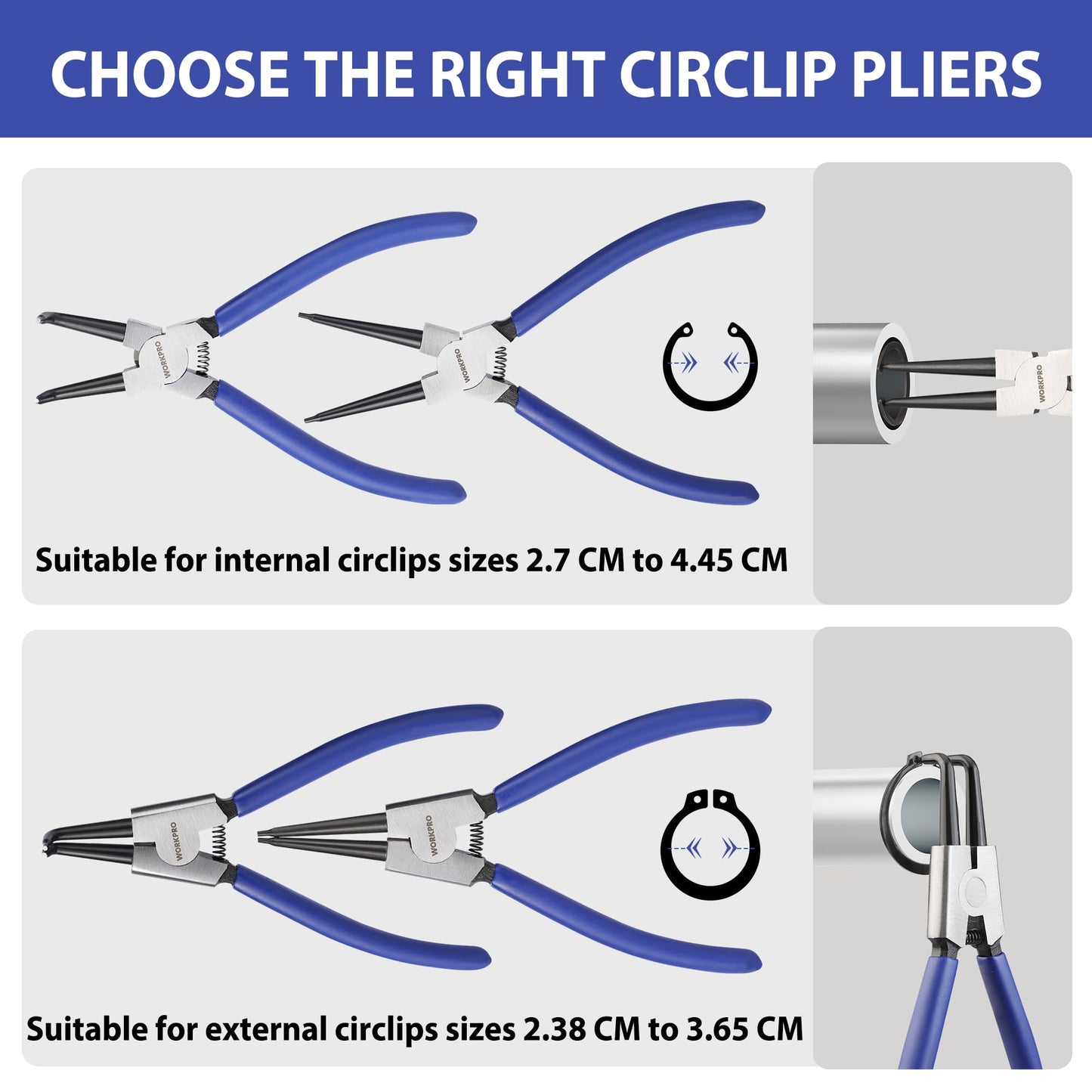 WORKPRO 4-Piece Snap Ring Pliers Set, 7-Inch Internal and External Circlip Pliers Kit with Straight and Bent Jaw, for Ring Remover Retaining, Storage Pouch Included