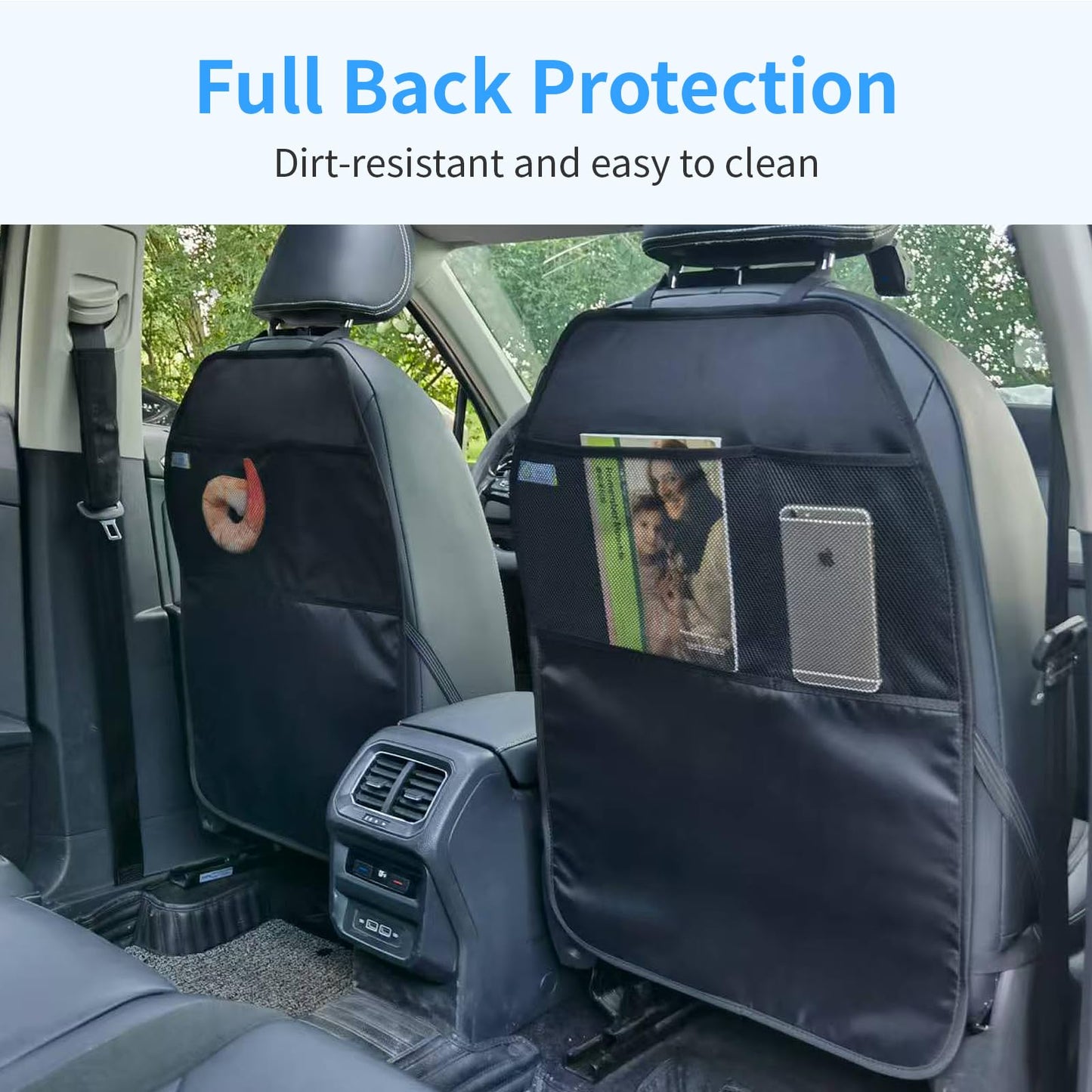 Viaviat Car Seat Protector Large Kick Mat 2 Pack Durable Water Resistant Auto Seat Back Covers with 2 Mesh Pockets Protection Against Dust Mud Scratches (Black, 2-Pack)