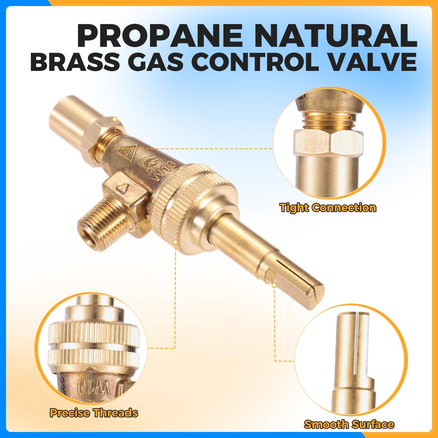 Propane Natural Brass Gas Control Valve 0.047" Orfice with Chromed Steel Control Knob for Hotel Commercial Kitchen Stem Length 1.4"
