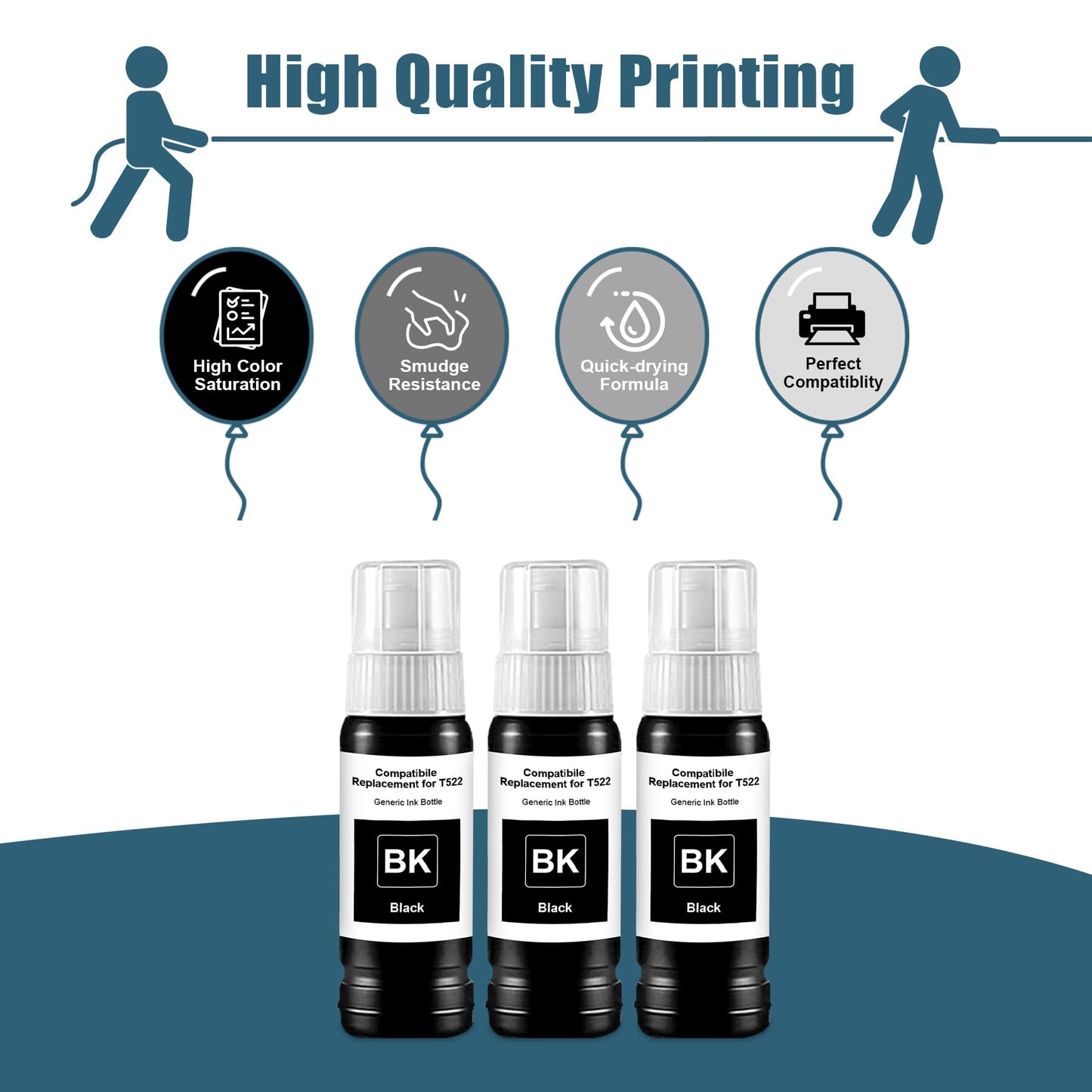 Compatible T522 Black Ink Bottle Refill, Replacement for T522 Ink Refill Compatible for ET-2720 ET-2800 ET-2803 ET-4800 ET-4700 ET-2400 ET-2840 ET-4810 Printers, 3 Black 522 Ink