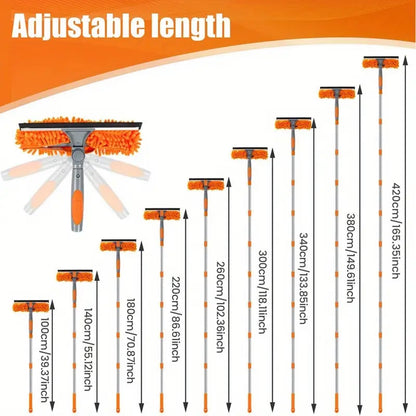 2 in 1 Window Cleaning Tools Squeegee, Double-Sided Professional Cleaner Rotatable Window Kit with Long Handle Pole 20+ Ft, Chenille Microfiber Duster Pads Scrubber for Indoor Outdoor High Glass