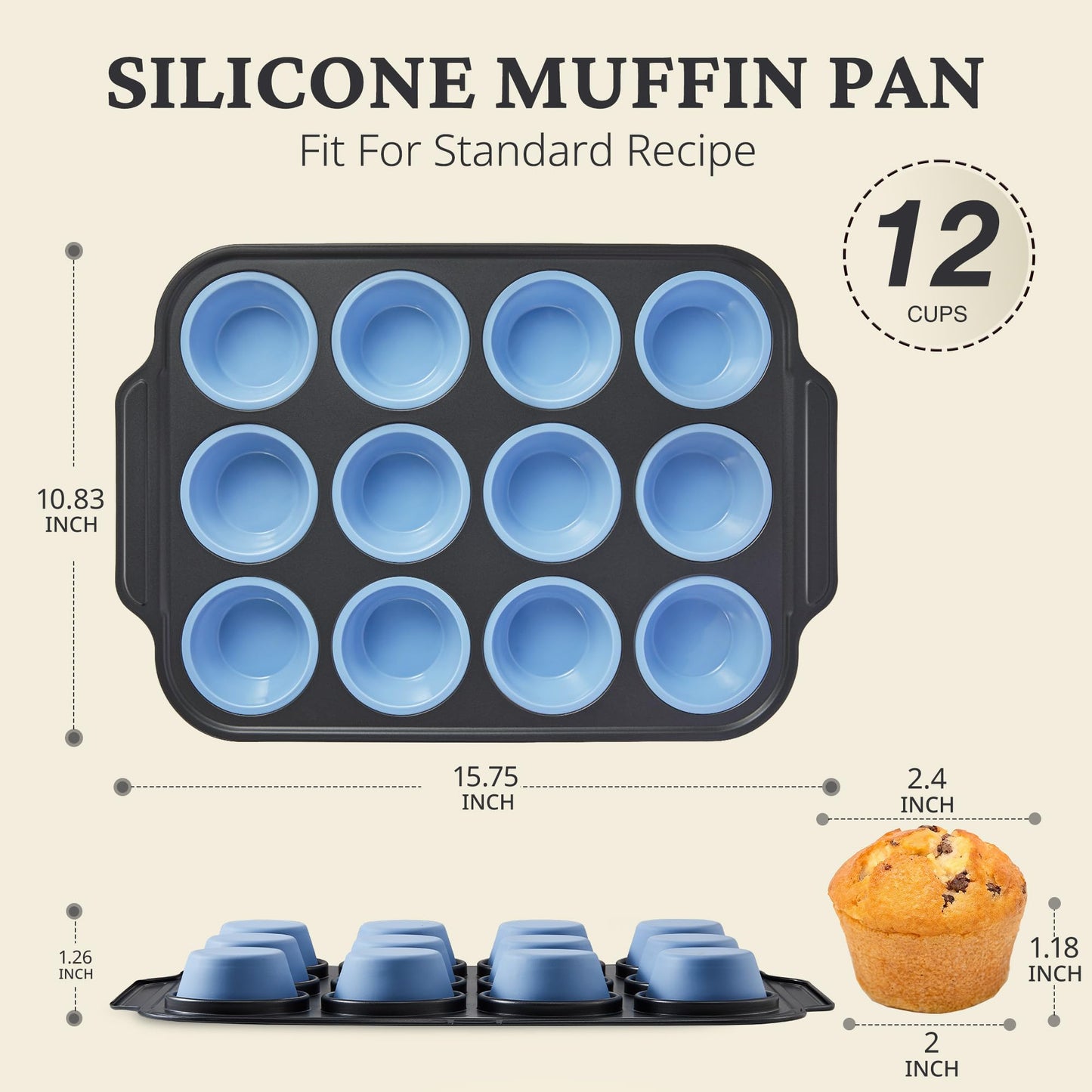 BRONYPRO Silicone Muffin Pan with Metal Frame, Egg Bite Maker Silicone Molds for Baking, Cupcake Pans 12 Regular Size, Muffin Tins Easy to Pop Nonstick Non Toxic Bakeware for Oven,Blue