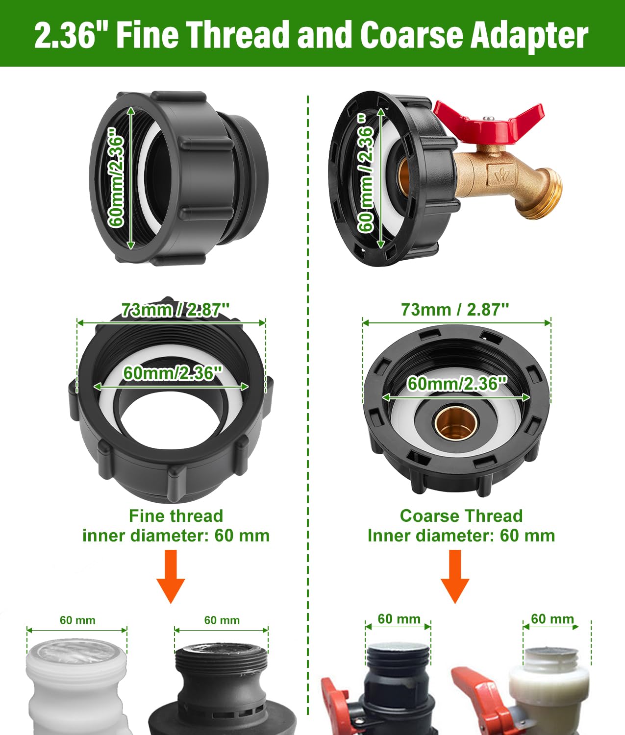 WADEO IBC Tote Adapter, IBC Tote Fittings 1/2" Male NPT Inlet 3/4" GHT Male Garden Hose Quick Connector Outlet Brass Ball Valve Faucet with 60 62mm Female Fine Thread with for Garden Hose Connector