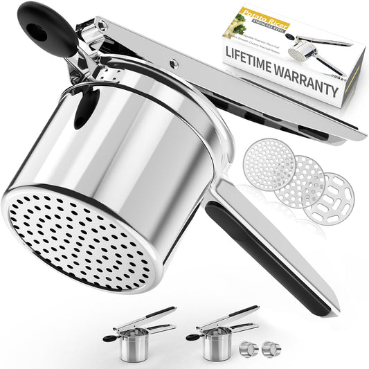 Potato Ricer,Ricer for Mashed Potatoes-3 Interchangeable Discs Potato Masher Stainless Steel for Fluffy Mashed Potatoes,Heavy Duty Spaetzle Maker with Silicone Handle,for Gnocchi Spaghetti