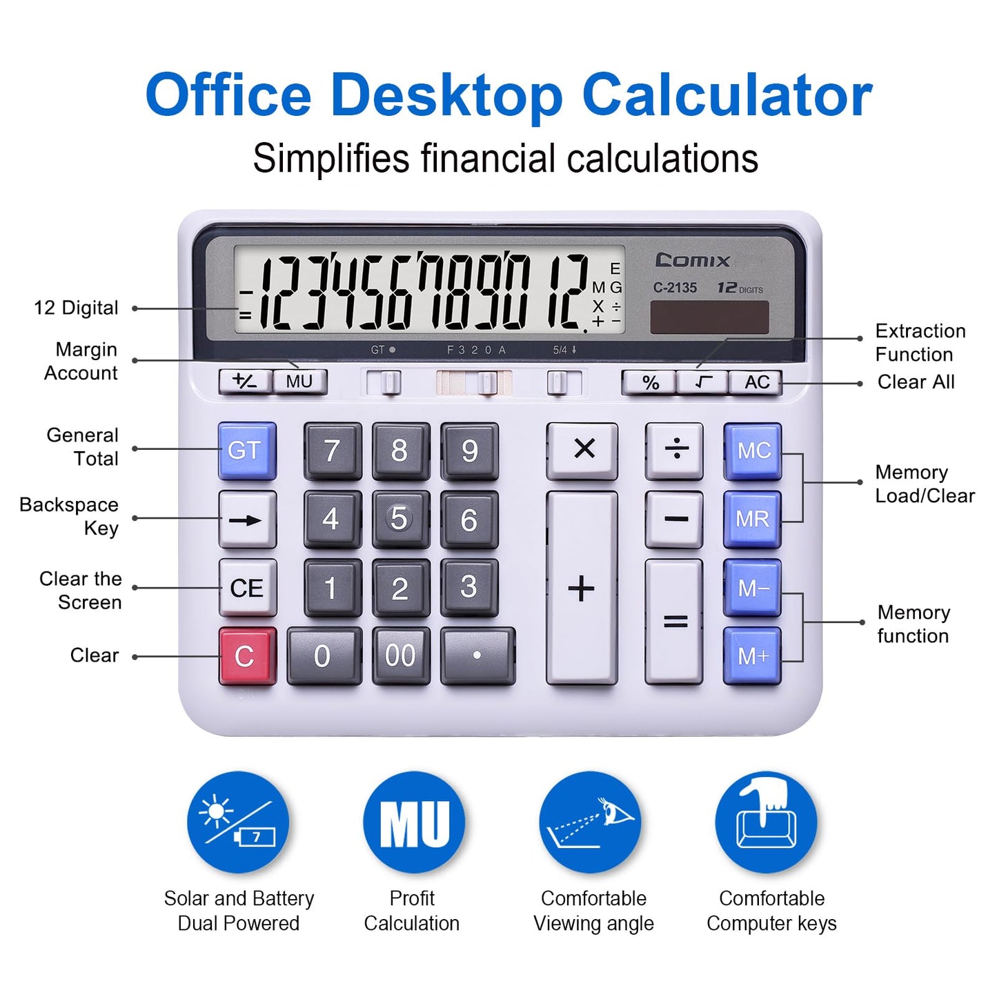Comix Desktop Calculator Solar Battery Dual Power with 12-Digit Large LCD Display and Large Computer Keys Standard Function Calculator for Home Office School, White