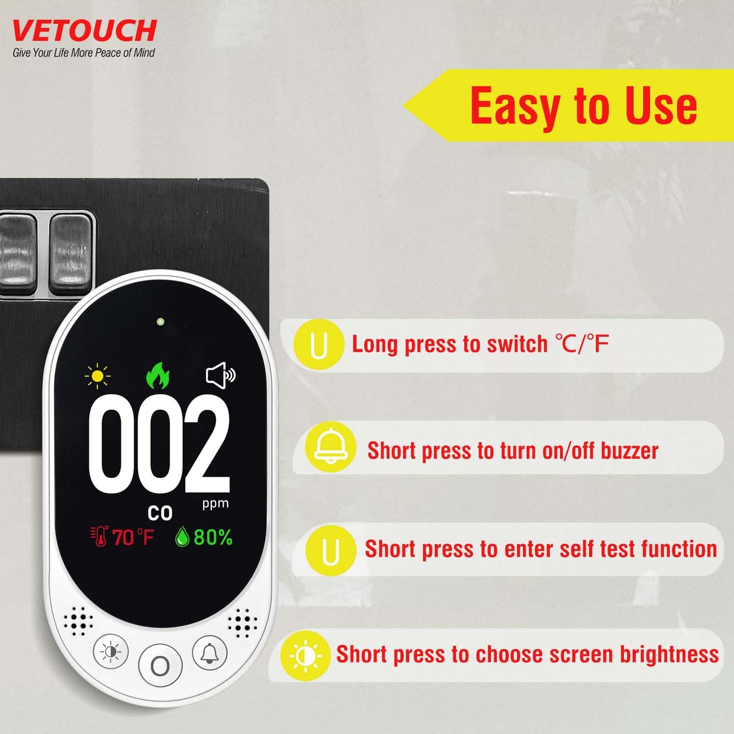 VETOUCH Carbon Monoxide Detector Plug in, Portable Carbon Monoxide Detectors, Simultaneously Checks Temperature/Humidity, Remind Function,Clear LCD Display,for Home Kitchen RV Travel CO Detector