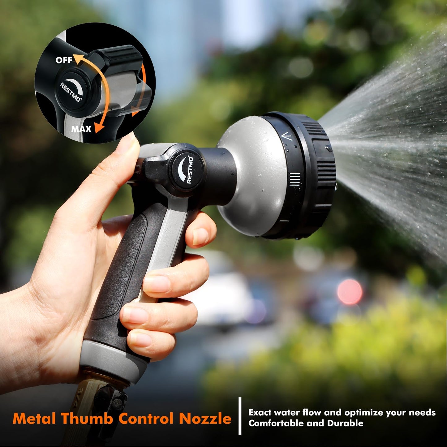 RESTMO Full Shower Hose Nozzle, Metal Spray Nozzle for Garden Hose, 8 Spray Patterns, Water Hose Nozzle with Thumb Control, Ideal for Outdoor Lawn & Plant Watering, Car & Pet Washing, Silver