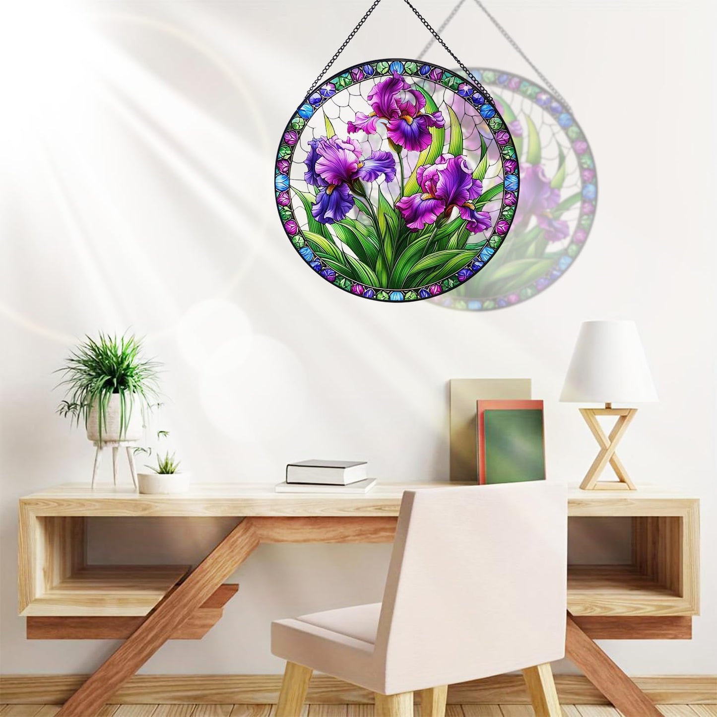RIVEENY Stained Glass Window Hanging, Flower Gifts for Women, Flowers Suncatcher for Window, 8" Purple Stained Glass Suncatchers, Hand Painted Glass for Flowers Lover