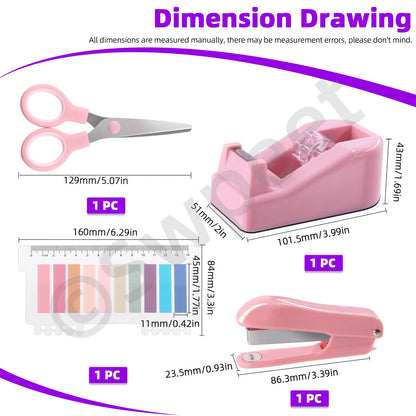 Swpeet 9Pcs Pink Office Supplies Kit, Desk Accessories Including Stapler, Tape Dispenser, Staple Remover, Tabs, Scissors, Staples, Tape, Clips and Sticky Note Ideal for Office and School