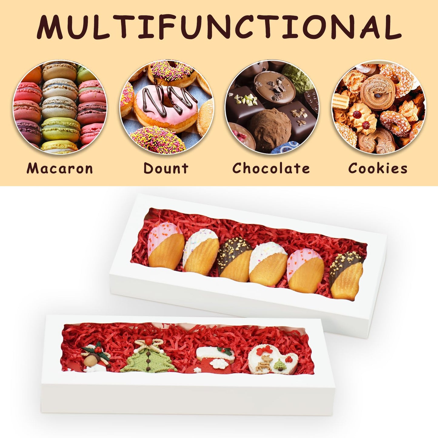 XINHPKGG 50pcs Cookie Boxes with window 12 x 5 x 1.5 Inch Bakery Boxes Treat Box Dessert Box for Wedding Party Favors Mother's Day - White