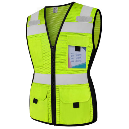 TCCFCCT Women High Visibility Vest 11 Pockets Snug-Fit Reflective Safety Vest with Reinforced Zipper, Neon Construction Work Vest for Lady Surveyors/Workers, Durable,Meets ANSI, CA-N-Yellow L