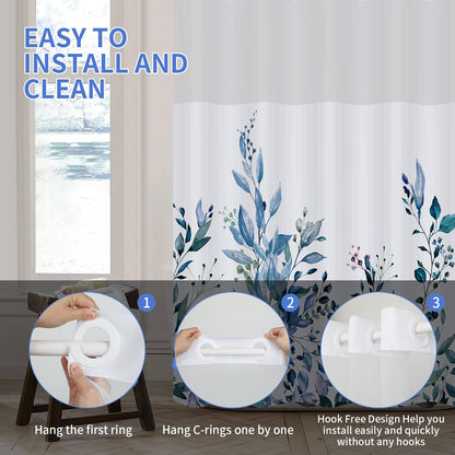 REZAYMRS Floral 3 in 1 Shower Curtain No Hooks Design, 71x74 inch Waterproof & Washable, Polyester Shower Curtains with Snap in Fabric Liner, Sheer Top Window, Double Layer Bathtubs Hotel Curtain Set