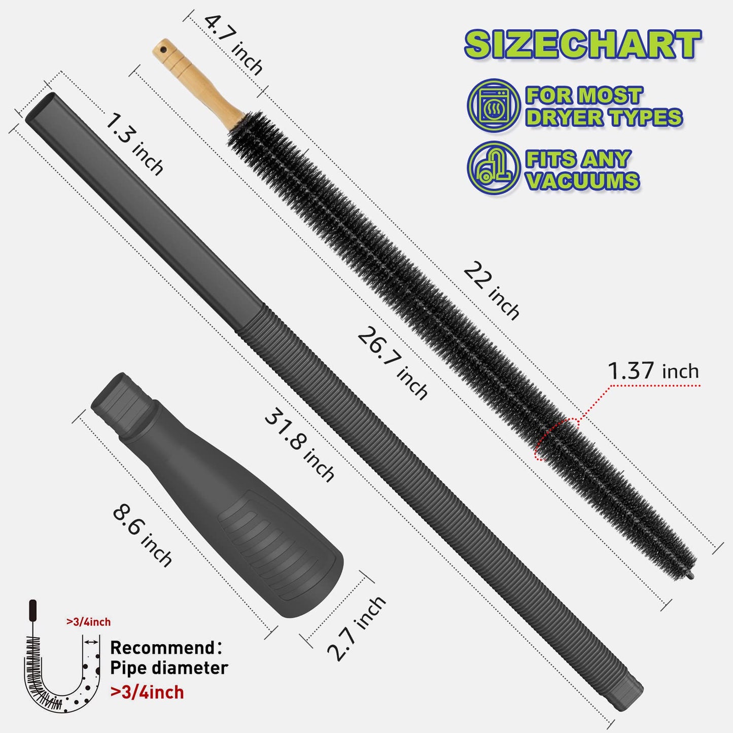 Sealegend 2 Pieces Dryer Vent Cleaning Kit, Dryer Lint Brush Vacuum Hose Attachment Brush Lint Remover Power Washer and Dryer Vent Vacuum Hose Replacement Parts，Black