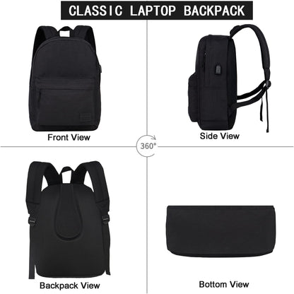 SUPACOOL Casual Laptop Backpack with USB Charging Port for Men and Women, School Bookbag for College, Lightweight Pack Back(Dark Black)
