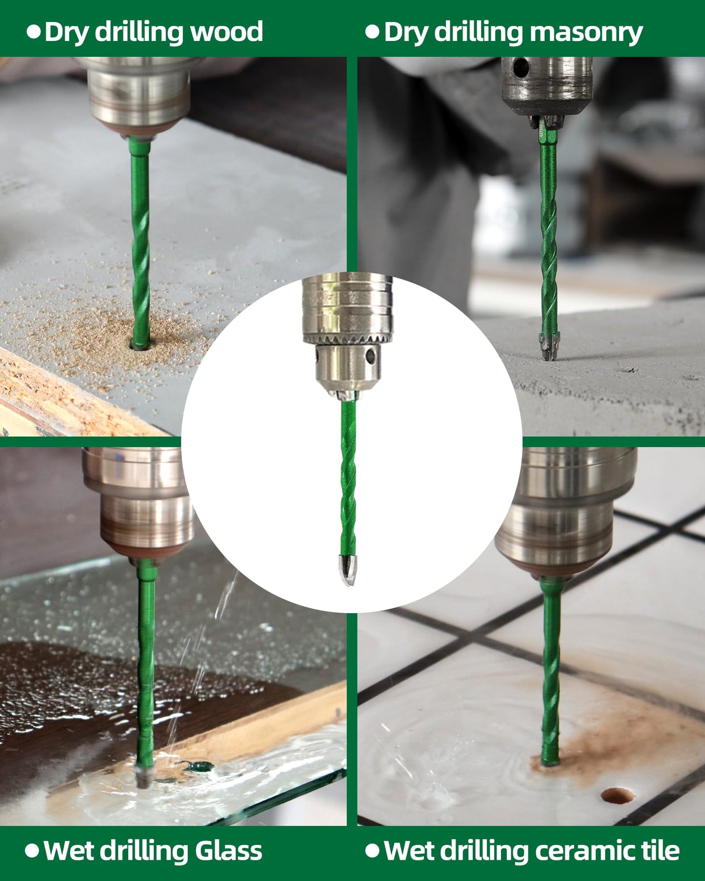 KURSTOL Masonry Drill Bit Set, 5pcs 3/16”-1/2” Carbide Eccentric Drill Bit Quick Change Shank for Ceramic Tile Wood Plastic Masonry Concrete Glass