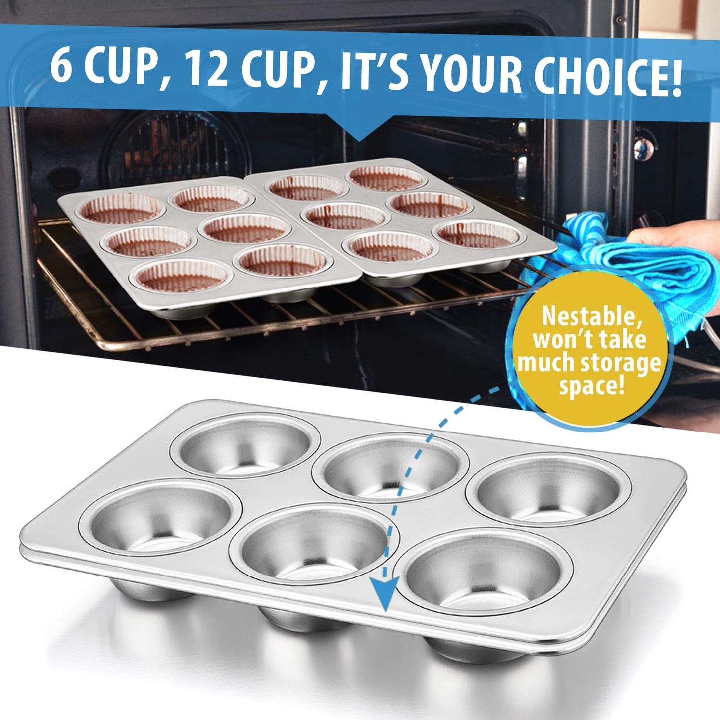 Set of 2 Stainless Steel E-far Baking Muffin Pans, Metal Cupcake Tray, Non-Toxic and Healthy, Suitable for Oven and Dishwasher, Standard Size - 29 x 18 x 3.2cm