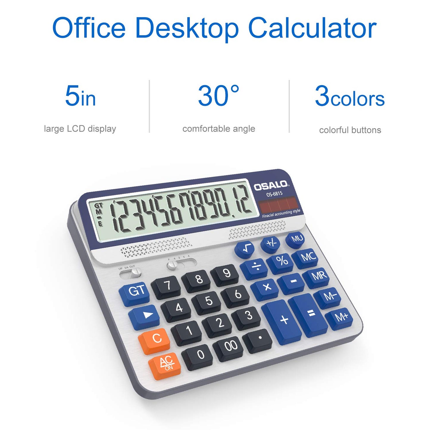 Desktop Calculator Extra Large 5-Inch LCD Display 12 Digit Big Number Accounting Calculator with Giant Response Button, Battery & Solar Powered, Perfect for Office Business Home Daily Use(OS-6815CA)