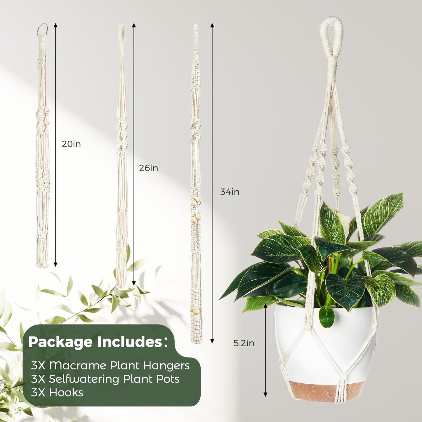 Bamworld Macrame Plant Hangers 3 Pack, Hanging Planters Indoor Outdoor Plants 3 Set Self Watering Flower Pots Holder for Home Garden Balcony Ceiling Decorations