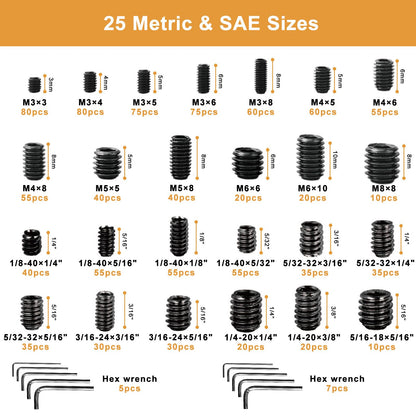VIGRUE 1105PCS 25 Sizes Metric & SAE Set Screw Assortment Kit Internal Hex Drive Allen Grub Screws Set Cup-Point Alloy Steel, M3 to M8 and 1/8-40 to 5/16-18