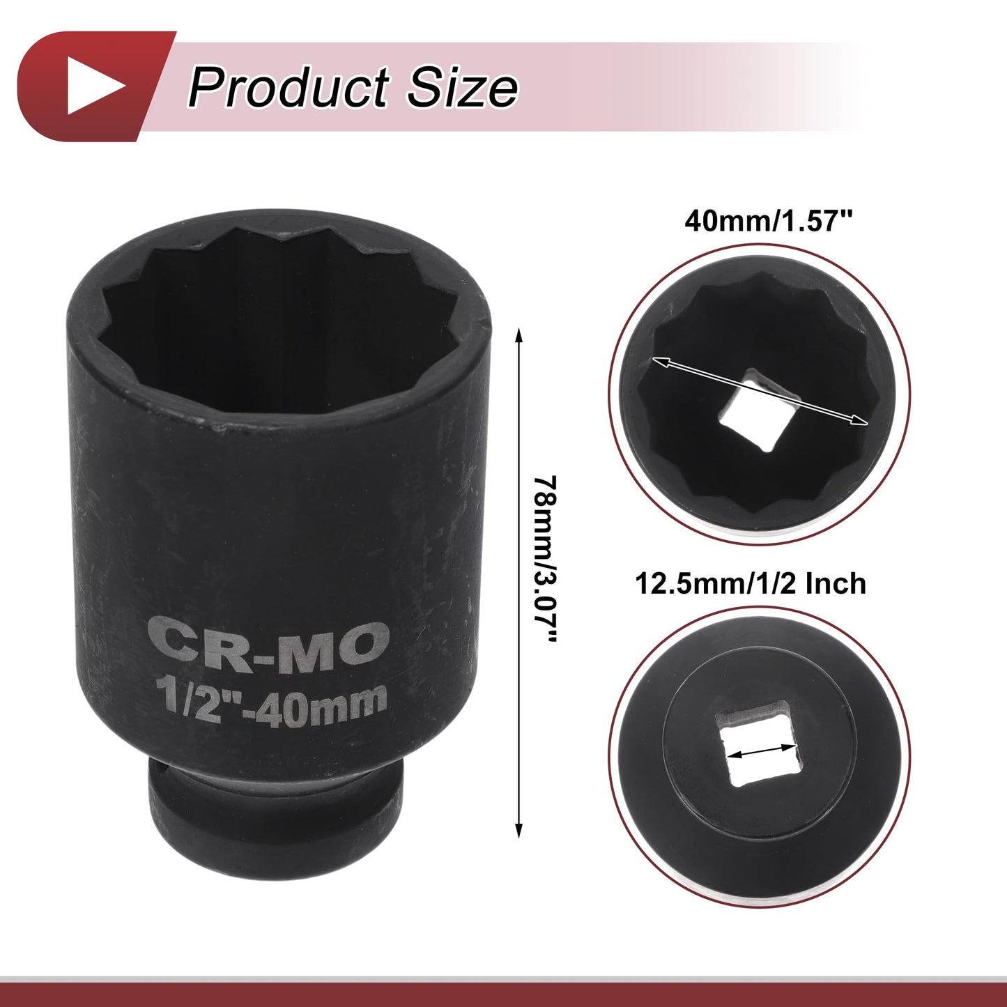 HEROFFIX 1 Pcs Impact Socket Durable Hardware Tool 78mm Black High Carbon Steel 12 Point 40mm for Car Motorcycle Dirtbike Repair 1/2 Inch Drive