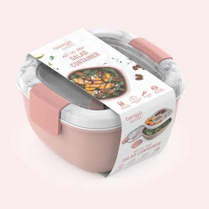 Bentgo Salad - Stackable Lunch Container with Large 54-oz Salad Bowl, 4-Compartment Bento-Style Tray for Toppings, 3-oz Sauce Container for Dressings, Built-in Reusable Fork & BPA-Free (Blush Marble)