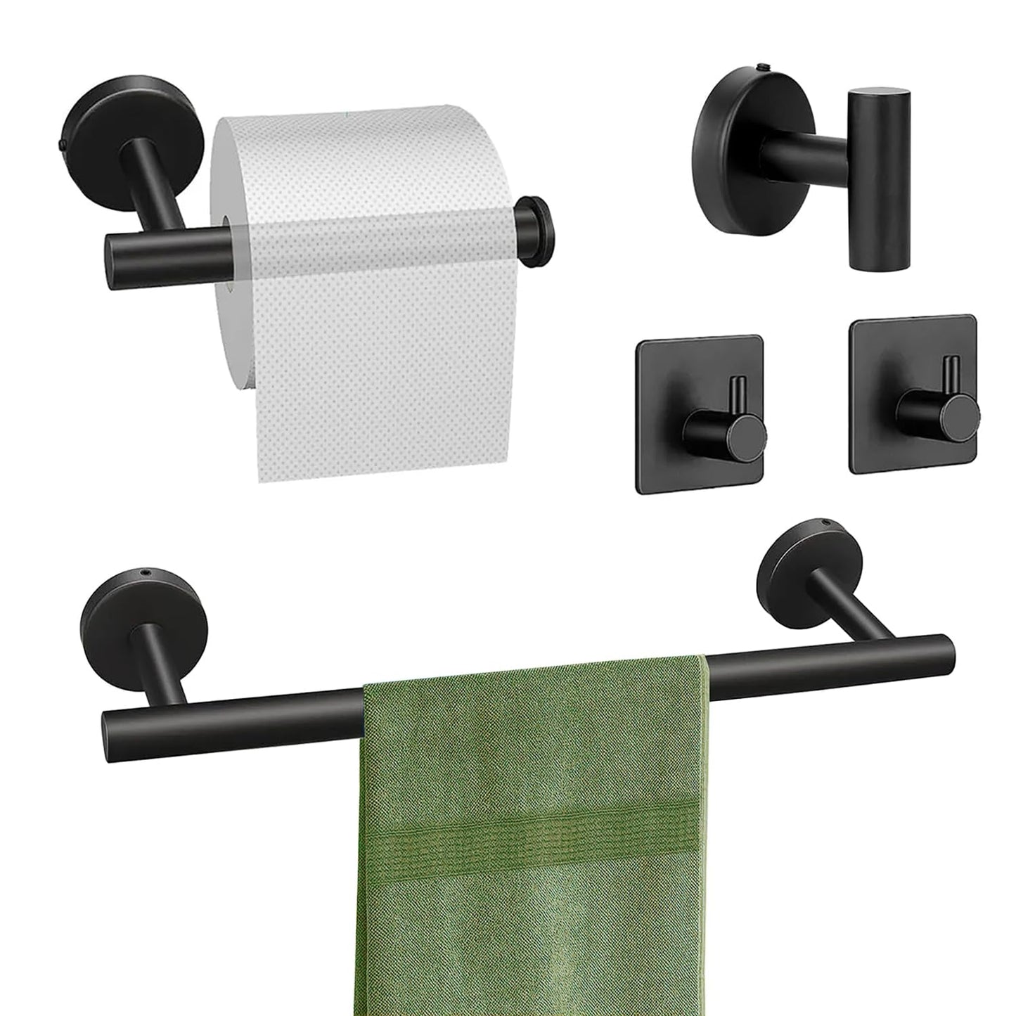 5 Piece Bathroom Hardware Set Matte Black Bathroom Accessories SUS304 Stainless Steel Include 16" Towel Rod, Toilet Paper Holder, Multifunctional Hooks