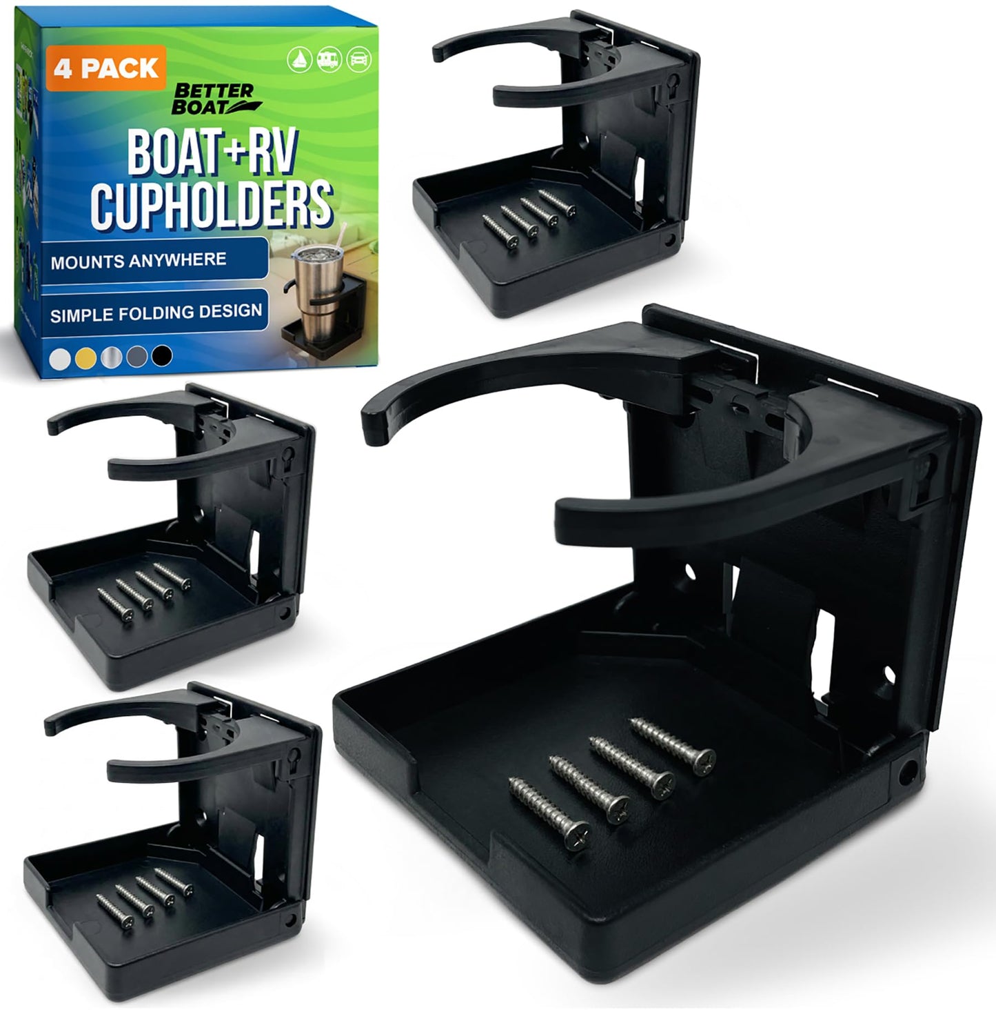 Boat Cup Holder, Set of 4 Folding Drink Holders, Wall Mountable for Boat, RV, and Motorhome, Marine Grade, Black Color