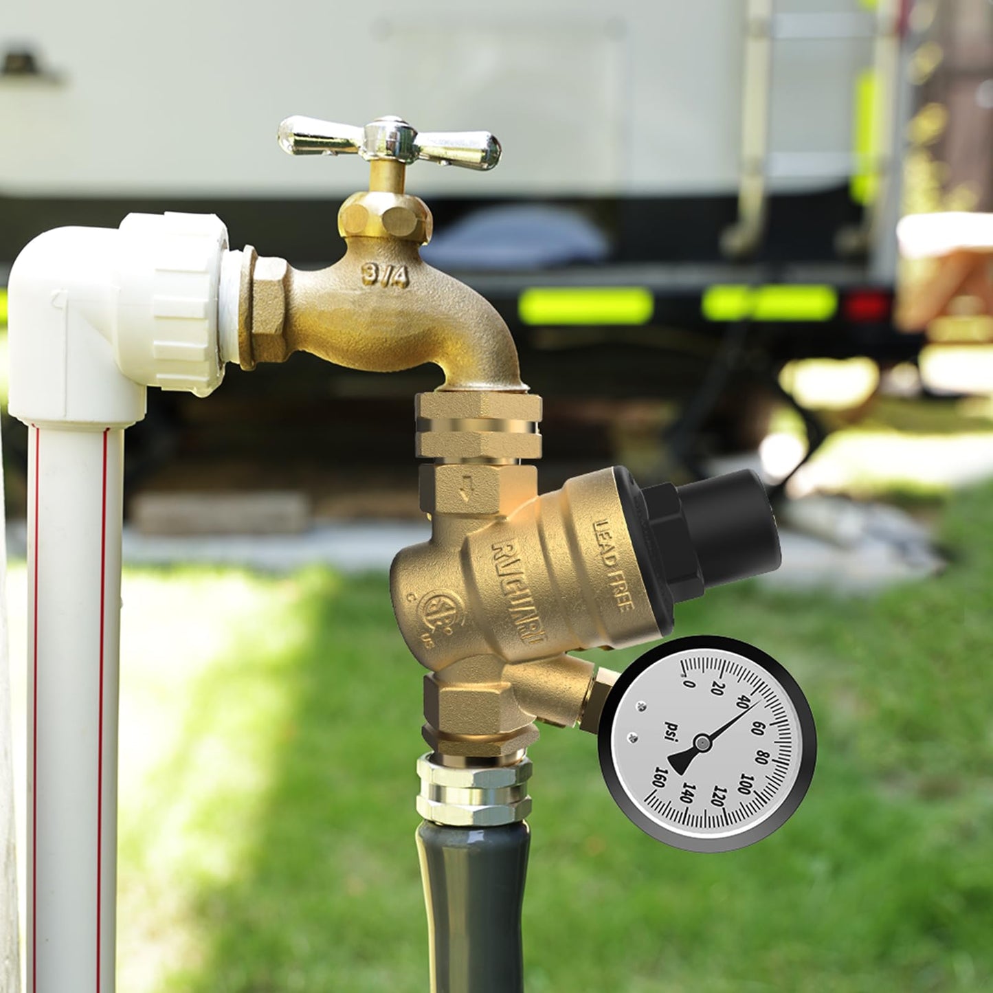 RVGUARD RV Water Pressure Regulator Valve, Lead-Free Brass Adjustable Water Pressure Reducer with Gauge and Inlet Screen Filter for RV Camper Travel Trailer