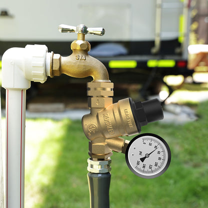 RVGUARD RV Water Pressure Regulator Valve, Lead-Free Brass Adjustable Water Pressure Reducer with Gauge and Inlet Screen Filter for RV Camper Travel Trailer