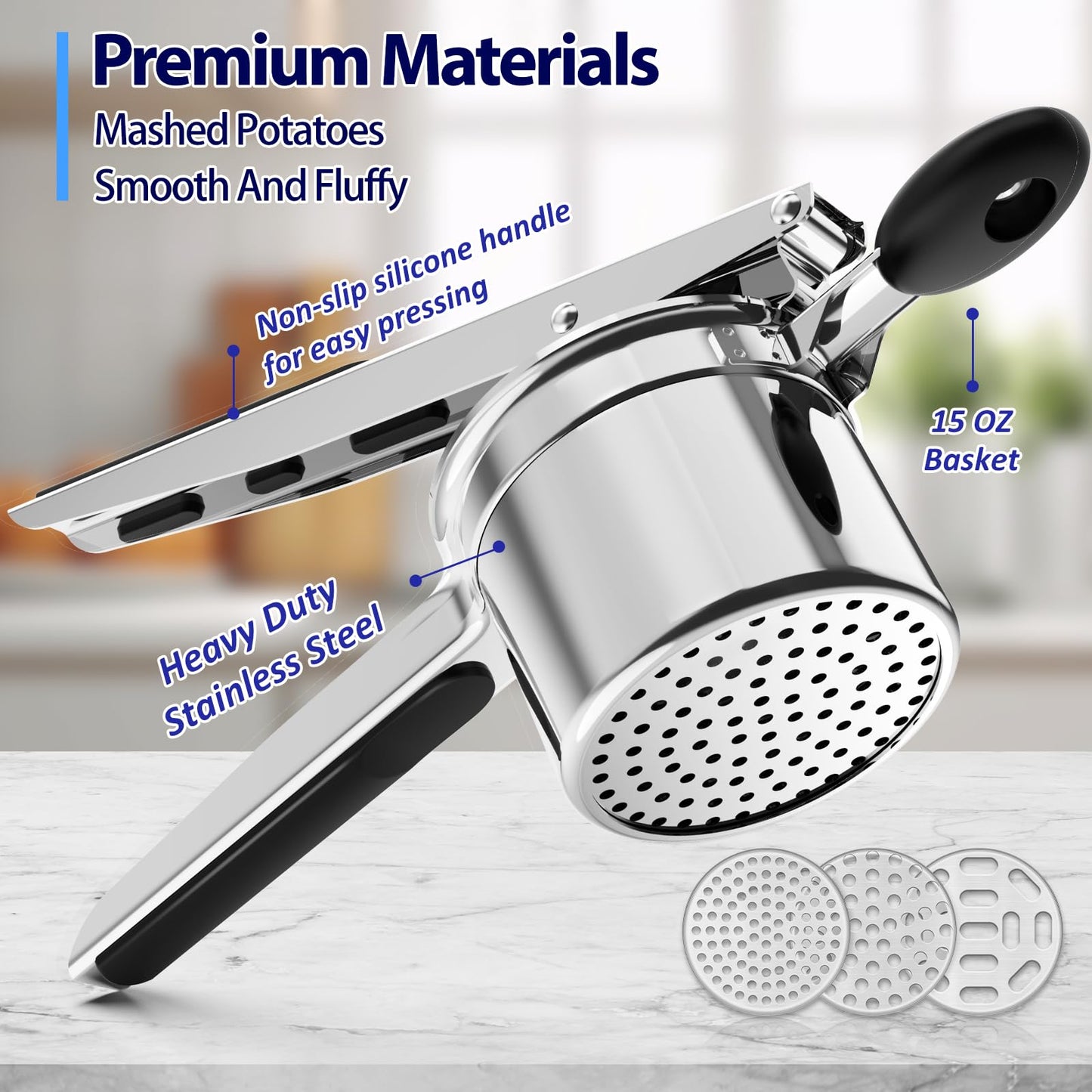 Potato Ricer,Ricer for Mashed Potatoes-3 Interchangeable Discs Potato Masher Stainless Steel for Fluffy Mashed Potatoes,Heavy Duty Spaetzle Maker with Silicone Handle,for Gnocchi Spaghetti