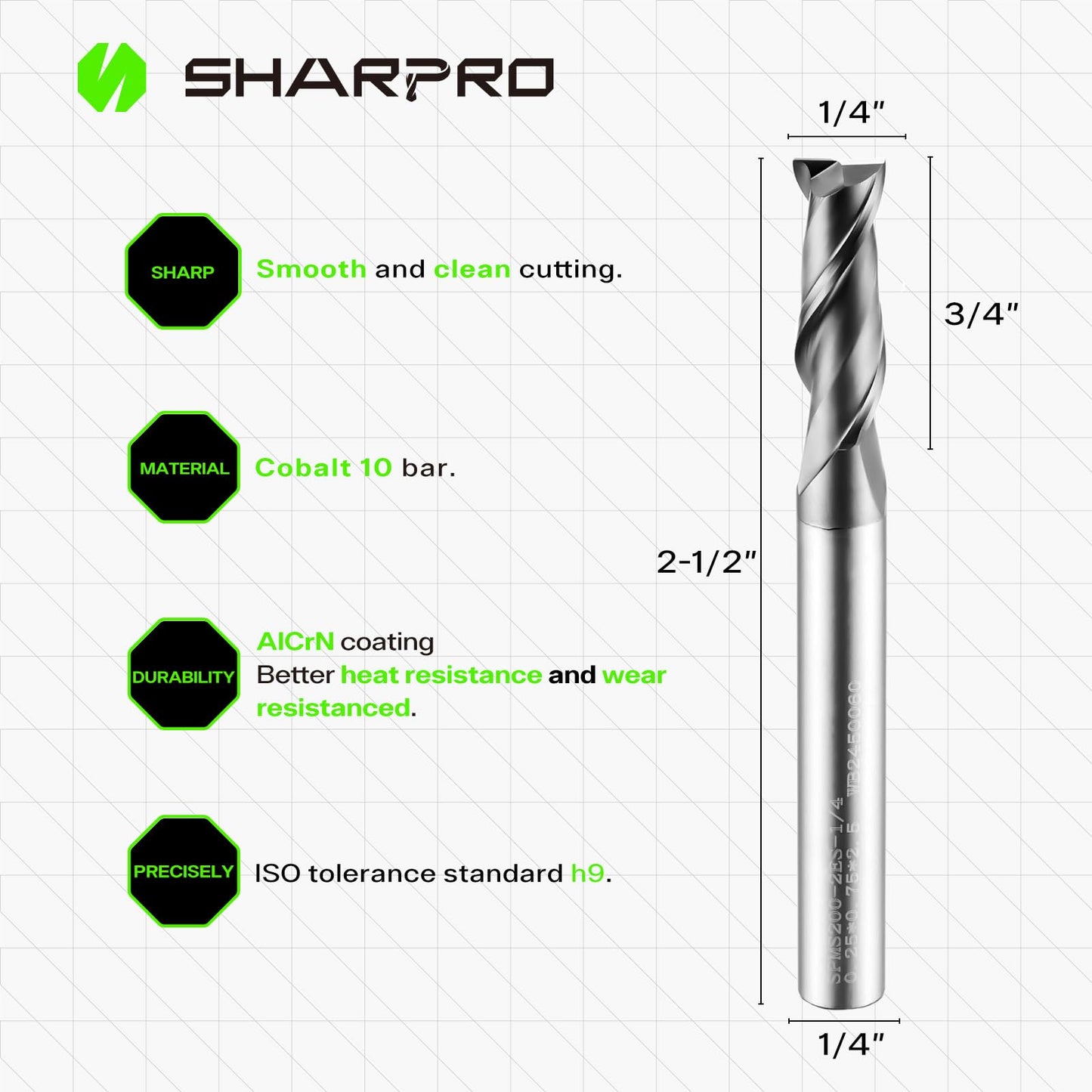 SHARPRO 1/4 End Mills 1/4 Inch Shank, 2 Flute Carbide Square Endmill with AlCrN Coated, Upcut Spiral CNC Router Bits for Alloy Steel, Metal and Stainless Steel