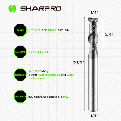 SHARPRO 1/4 End Mills 1/4 Inch Shank, 2 Flute Carbide Square Endmill with AlCrN Coated, Upcut Spiral CNC Router Bits for Alloy Steel, Metal and Stainless Steel