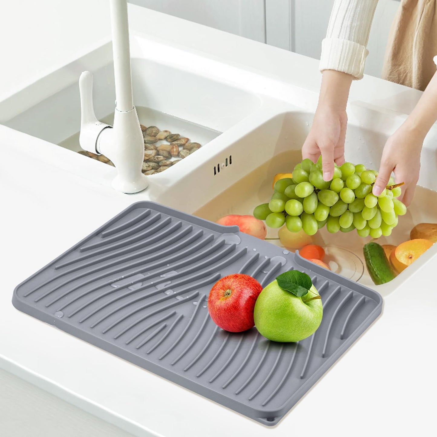TIKNIK Silicone Dish Drying Mat for Kitchen Counter, Dish Drying Pad, Non-Slip Drain Pad with Built-in Drain, Heat Resistant Stone Drying Mat (16" x 12" / 40 x 30cm, Grey)