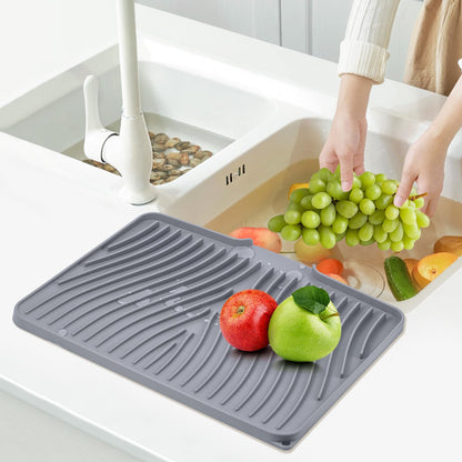 TIKNIK Silicone Dish Drying Mat for Kitchen Counter, Dish Drying Pad, Non-Slip Drain Pad with Built-in Drain, Heat Resistant Stone Drying Mat (16" x 12" / 40 x 30cm, Grey)