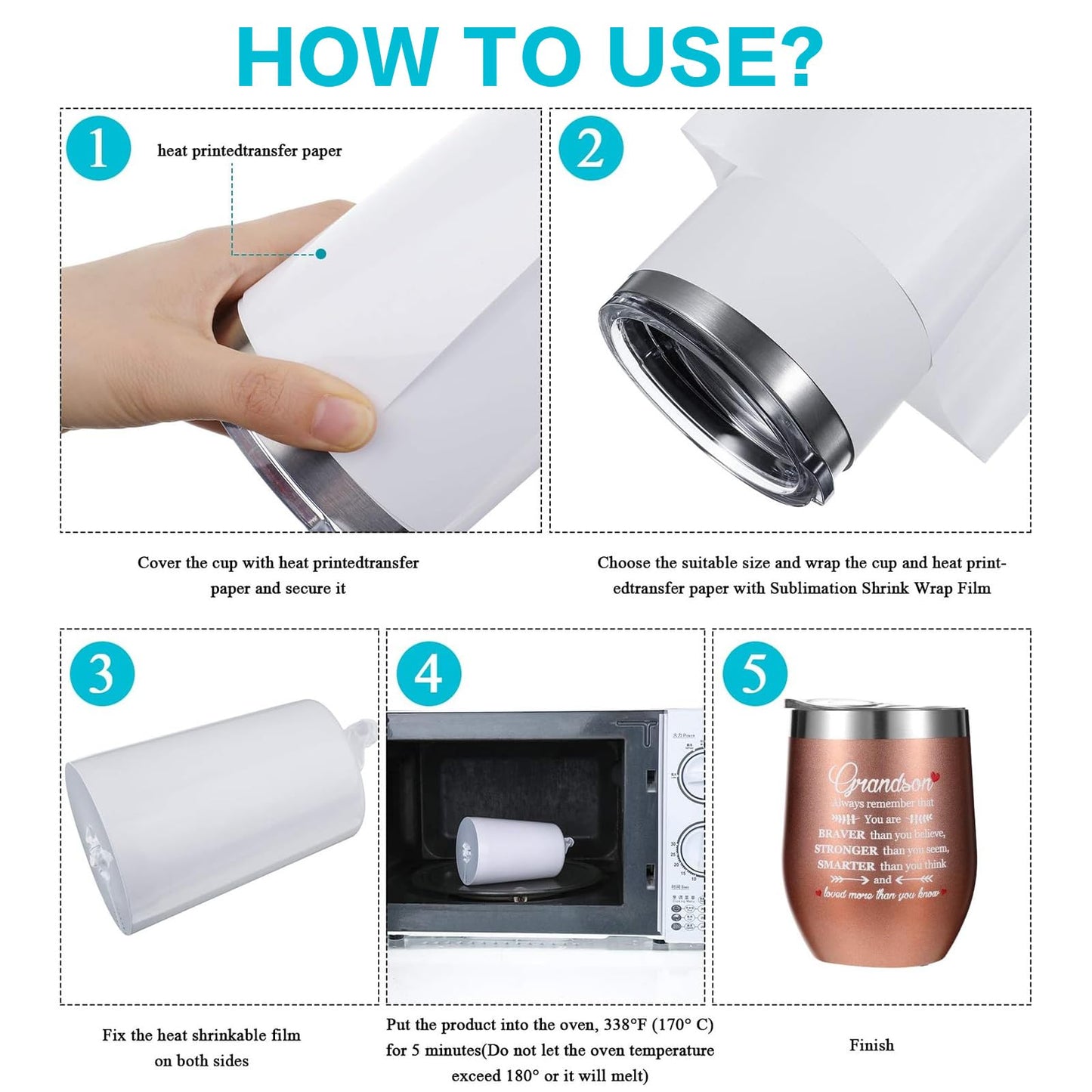 CHEUNGHAO 70 PCS Shrink Wrap Bags for Sublimation – 7 Different Sizes White Sleeves for Tumblers, Mugs, Cups, Bottles,Pen – Durable Shrink Film for Heat Press, DIY Crafts & Customizing