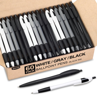 Sikao Pens Bulk, 60 Pack Minimal Gripped Slimster Ballpoint Pens, Black Ink 1.0mm, Smooth Writing Click Pens in White Grey Black, Ideal for Office, School, Teachers, Students & Front Desk Use