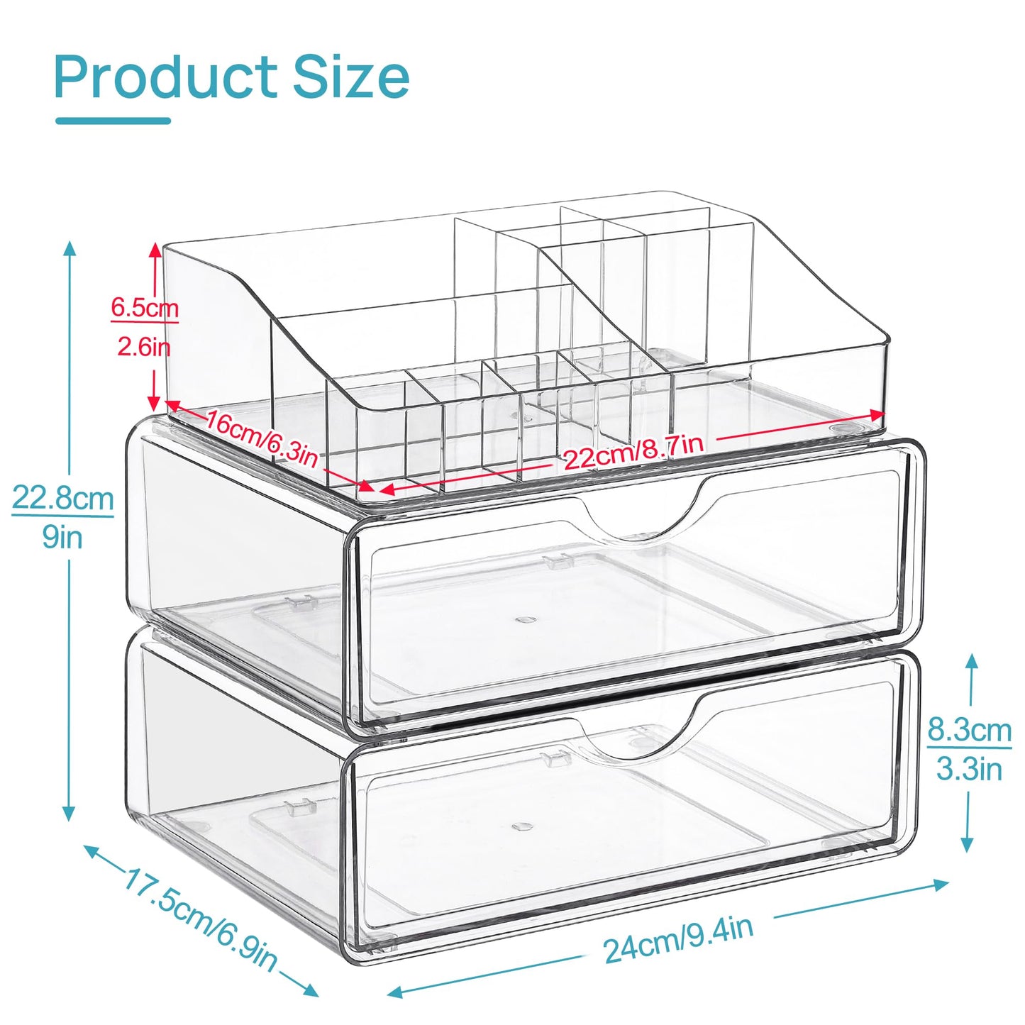 Vtopmart 3 Tier Clear Makeup Organizer with Drawer, Cosmetic Storage for Dresser Countertop and Bathroom Vanity, Skincare Organizer for Lipstick Brush Holders
